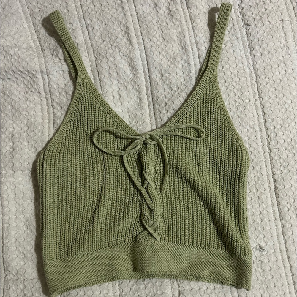 Forever 21 Sage Green Lace-Up Knit Crop Top